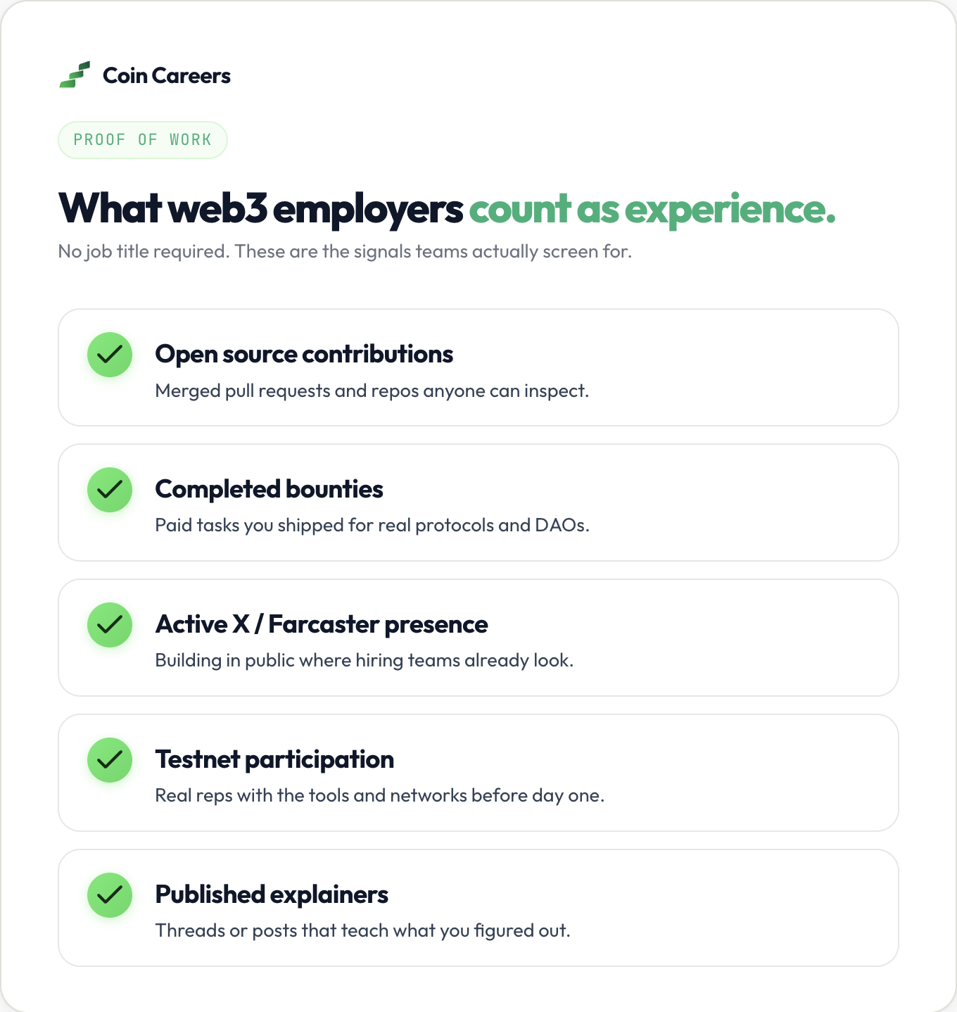Checklist of proof-of-work signals for crypto jobs with no experience