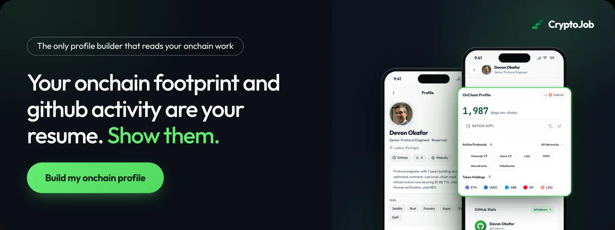 CryptoJob onchain profile: your onchain footprint and GitHub activity as your resume