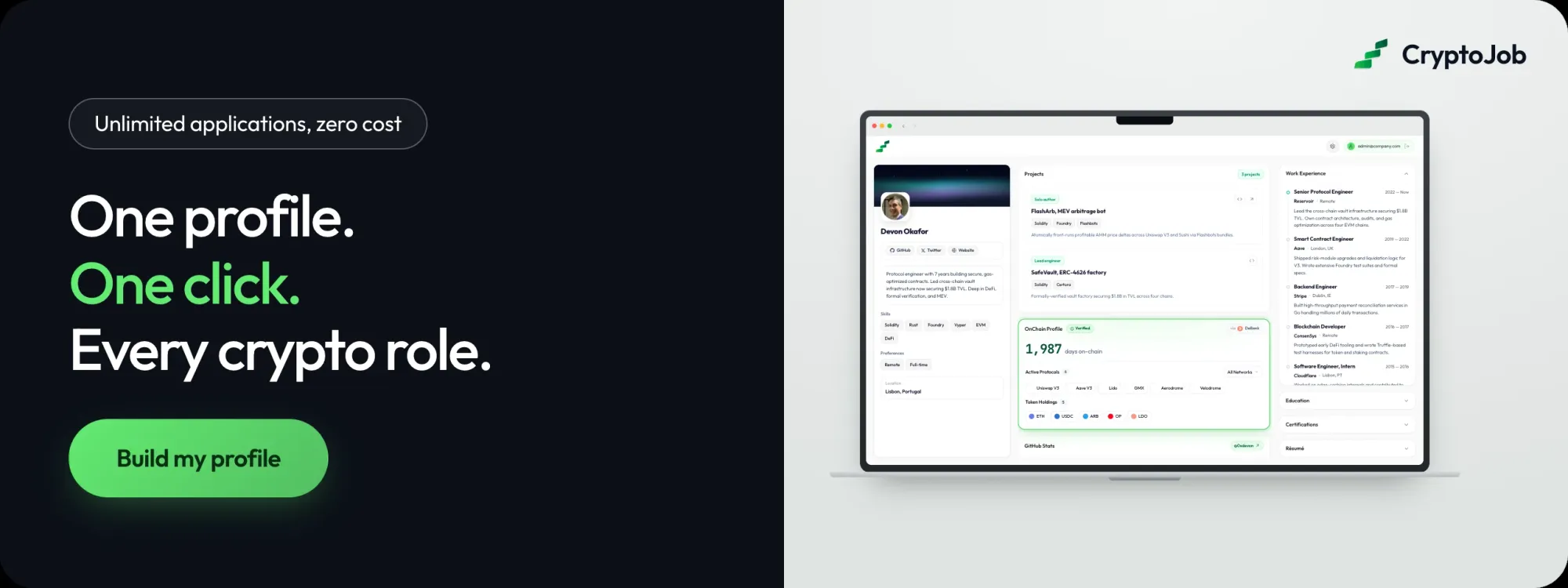 CryptoJob: one profile, one click, every crypto role. Unlimited applications, zero cost.