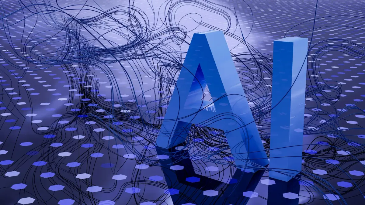 Blue three-dimensional letters spelling AI on a digital background