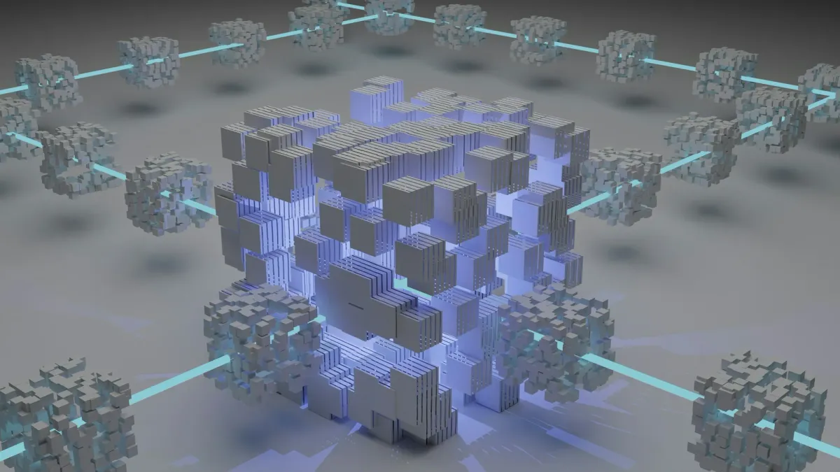 3D render of interconnected cubes forming a blockchain network