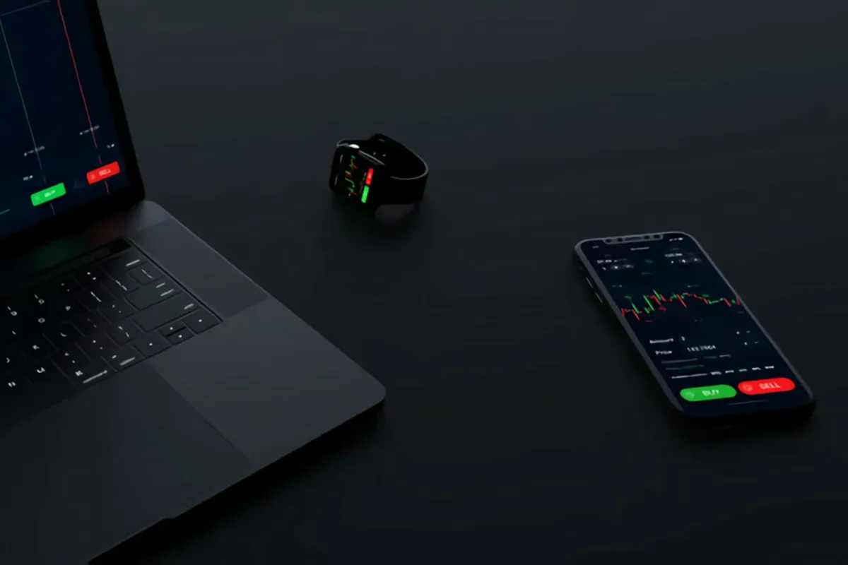 Laptop and smartphone displaying dark cryptocurrency trading charts