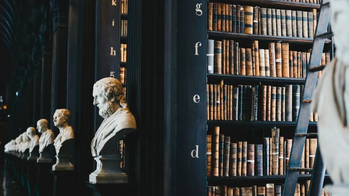 Dim law library shelves lined with old books and stone busts