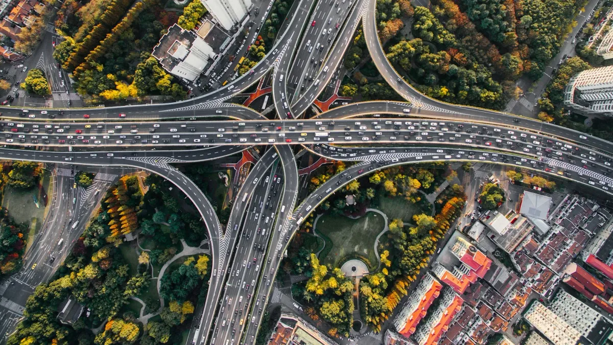 Aerial view of a highway interchange splitting into many directions
