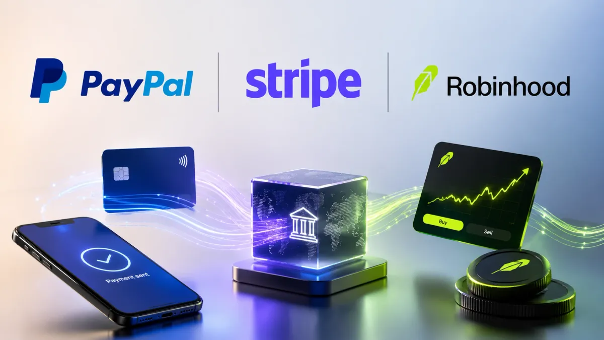 PayPal, Stripe and Robinhood logos over a payments background, hero for a jobs guide