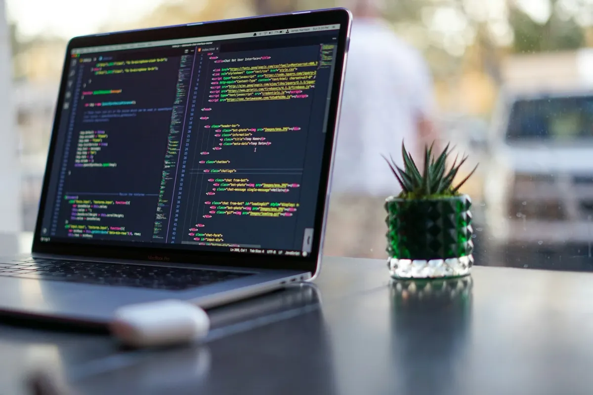 Laptop showing code on a bright desk beside a small plant