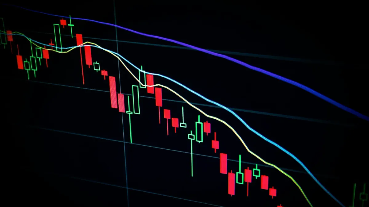Candlestick price chart with moving average lines on a dark screen