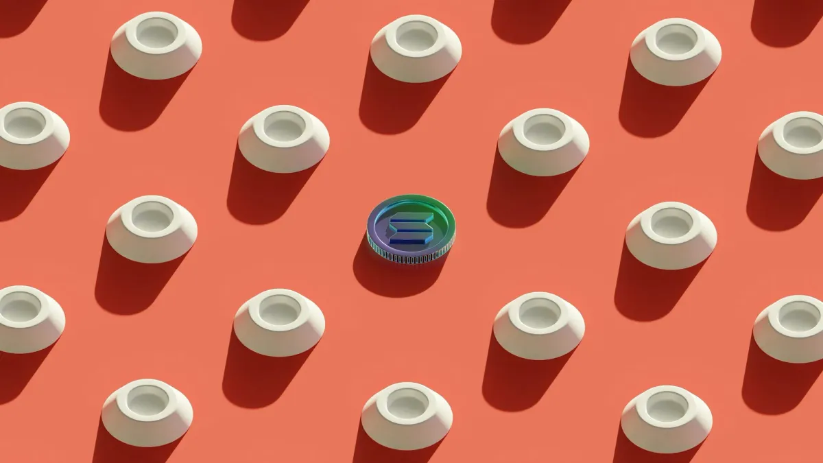 Solana coin standing out among rows of white tokens on a red background