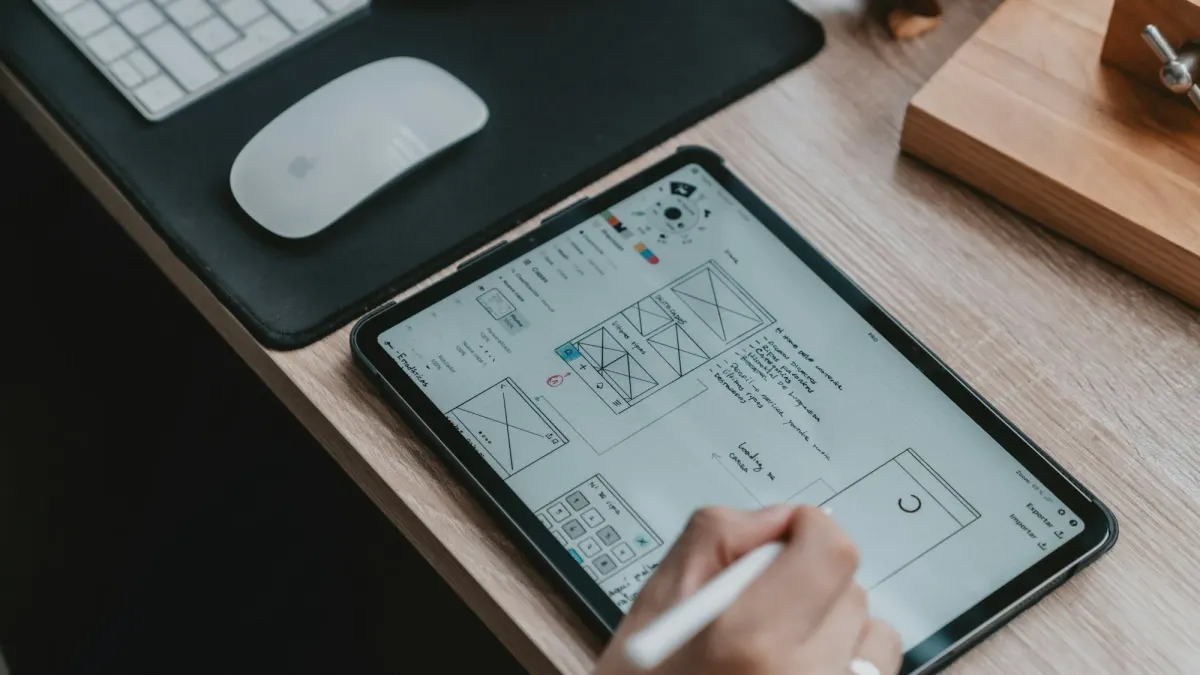 Hand sketching app wireframes on a tablet at a wooden desk