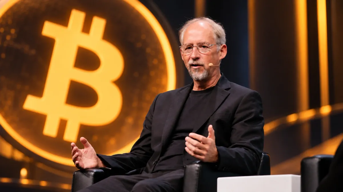 Blockstream CEO Adam Back speaking on stage in front of a Bitcoin logo, hero for Bitcoin sidechain jobs guide on the Liquid hack