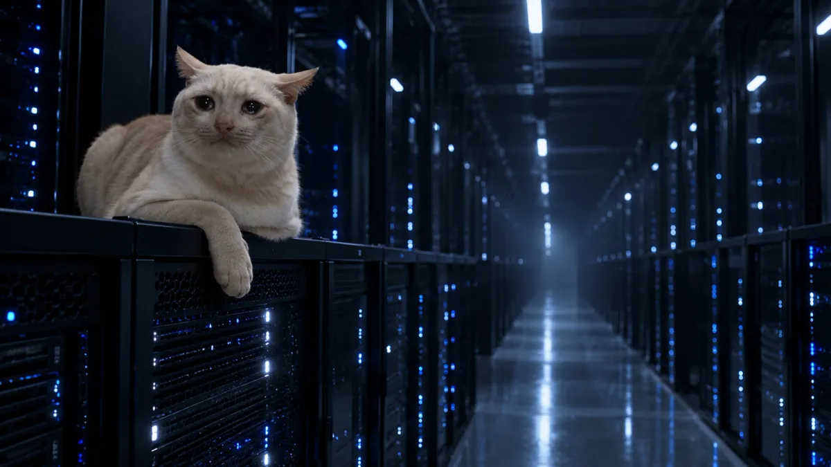 Cream cat on a server rack in a dark data center, hero for a blockchain infrastructure jobs guide