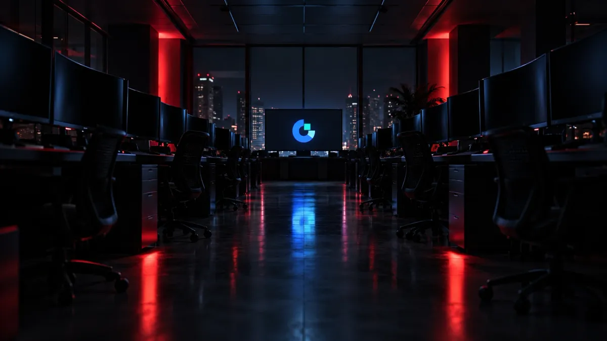 Dark trading floor with one lit screen, hero for crypto exchange product jobs guide