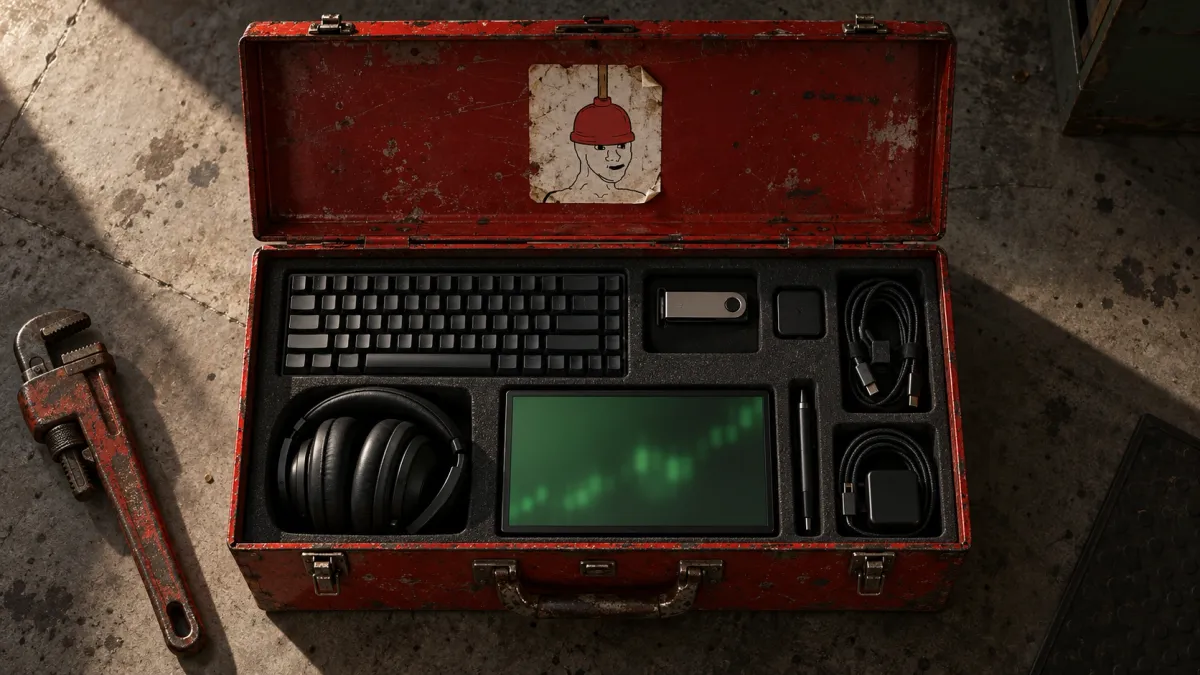 Red toolbox filled with trading gear and a PLUMBER sticker, hero for a memecoin jobs guide