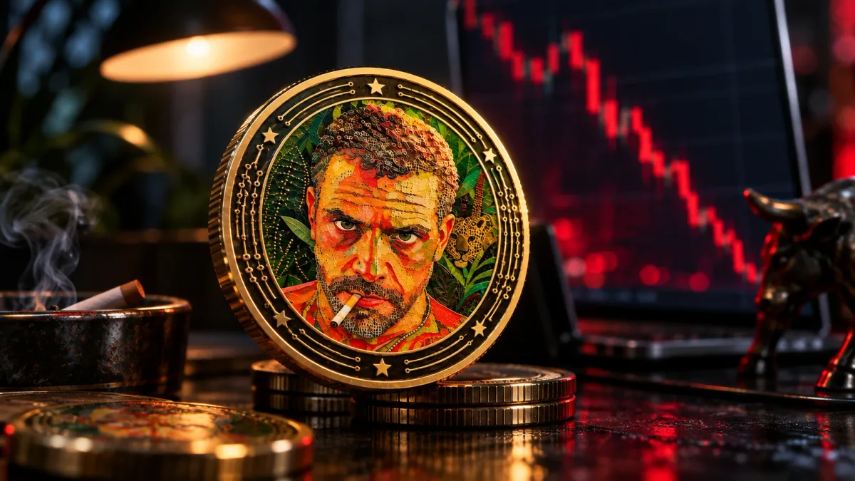 Gold coin bearing the LAPTOP token logo in front of a falling price chart, hero for memecoin market maker jobs guide