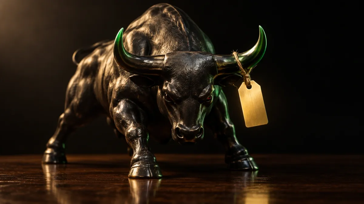 Black bronze bull with green horns and a blank brass tag, hero for an article on crypto reputation