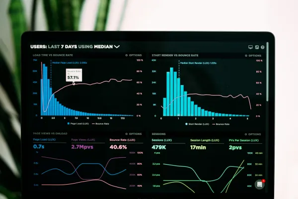 Laptop screen showing dark-themed analytics dashboards and charts