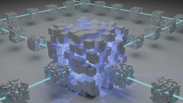 3D render of interconnected cubes forming a blockchain network