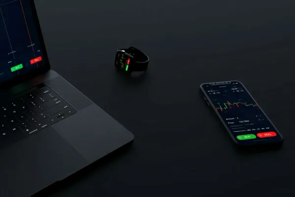 Laptop and smartphone displaying dark cryptocurrency trading charts