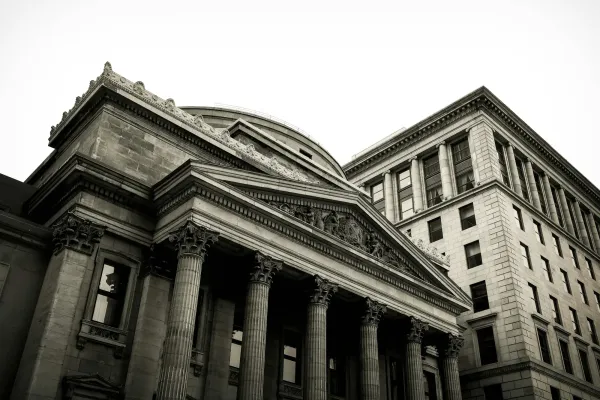 Grand classical bank facade with stone columns