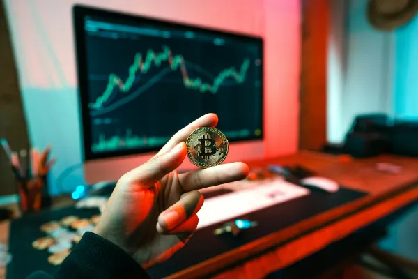 Hand holding a physical Bitcoin in front of a trading monitor
