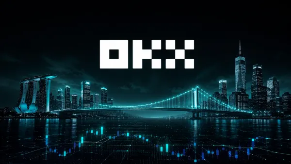 OKX logo over a global-exchange skyline background, hero for a 2026 OKX hiring guide