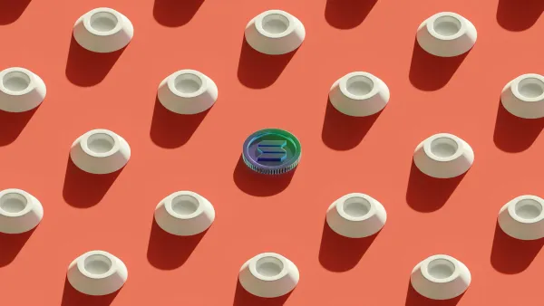 Solana coin standing out among rows of white tokens on a red background