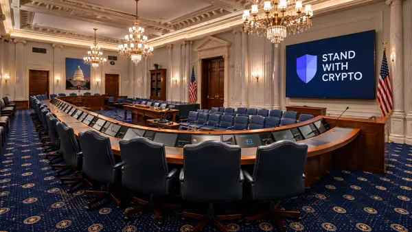 Empty government building corridor with one door ajar, hero for crypto policy jobs guide