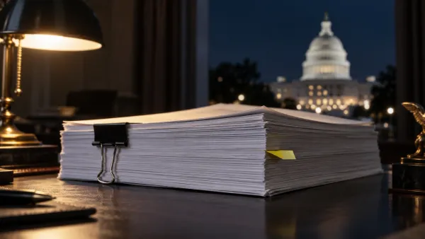 Thick printed bill with one page flagged, hero for crypto regulatory affairs jobs guide